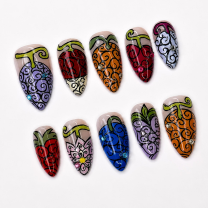 Devil Fruit Press On Nails with Swirl Art , Colorful Anime Inspired Nails , Handmade Fantasy Nails for Cosplay Gift | OB525WP
