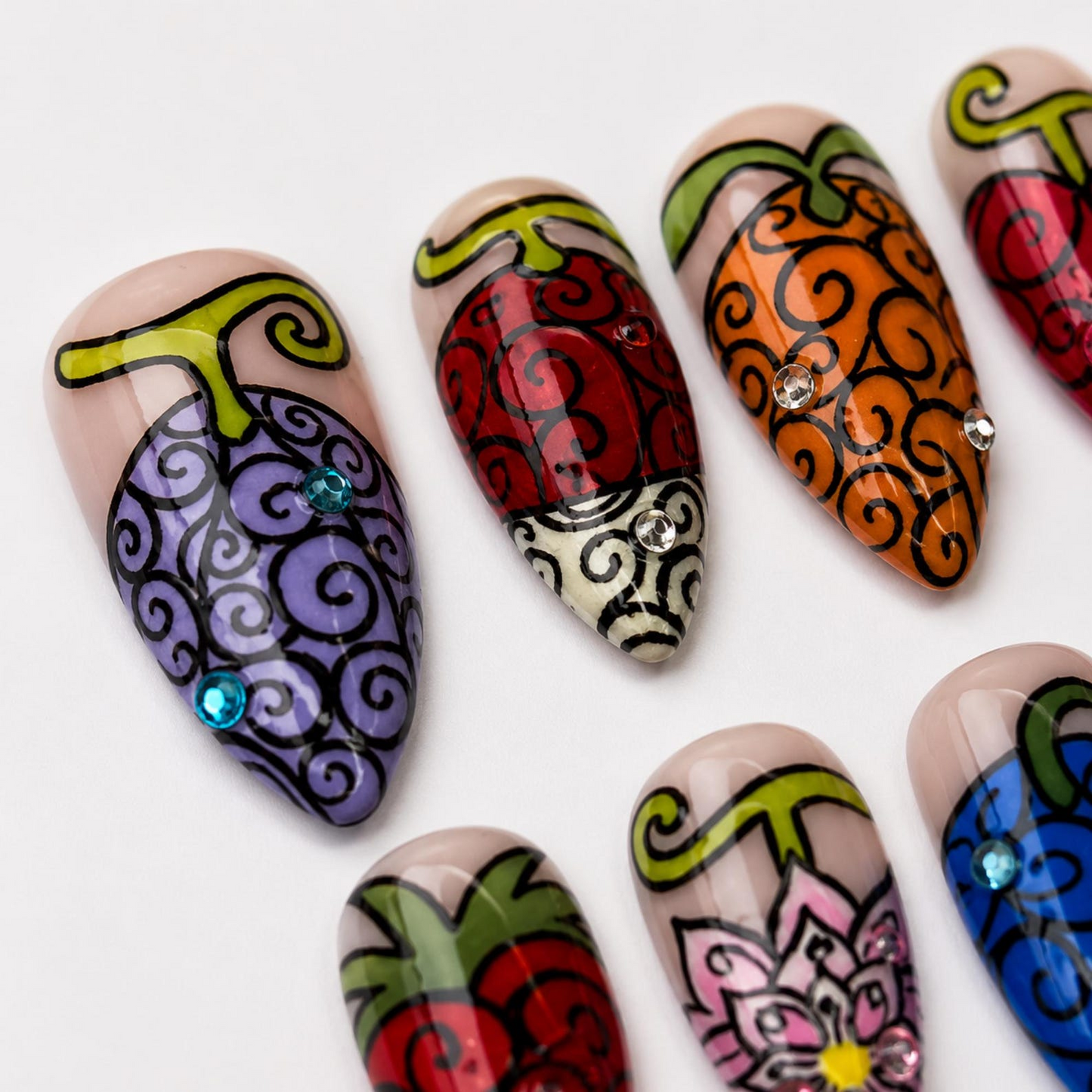 Devil Fruit Press On Nails with Swirl Art , Colorful Anime Inspired Nails , Handmade Fantasy Nails for Cosplay Gift | OB525WP
