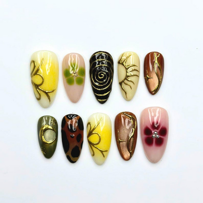 Earthy Press On Nails with Abstract Flowers | Mustard Yellow Olive Green Fake Nails | Handmade Botanical Nail Art for Fall | OB513UI