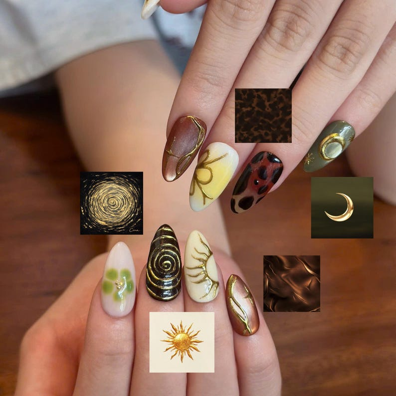 Earthy Press On Nails with Abstract Flowers | Mustard Yellow Olive Green Fake Nails | Handmade Botanical Nail Art for Fall | OB513UI