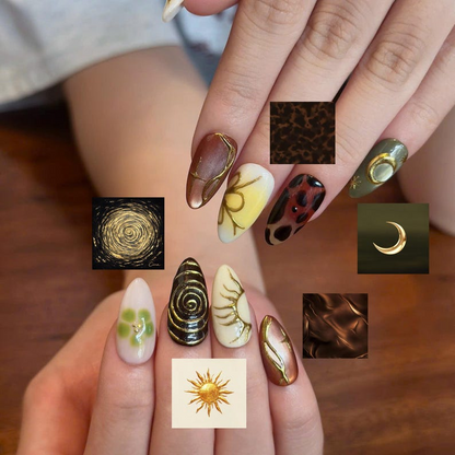 Earthy Press On Nails with Abstract Flowers | Mustard Yellow Olive Green Fake Nails | Handmade Botanical Nail Art for Fall | OB513UI