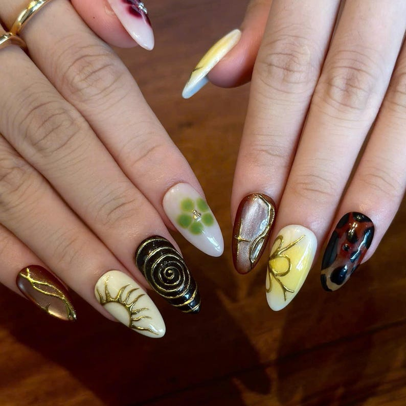 Earthy Press On Nails with Abstract Flowers | Mustard Yellow Olive Green Fake Nails | Handmade Botanical Nail Art for Fall | OB513UI
