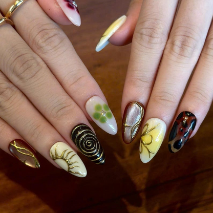 Earthy Press On Nails with Abstract Flowers | Mustard Yellow Olive Green Fake Nails | Handmade Botanical Nail Art for Fall | OB513UI