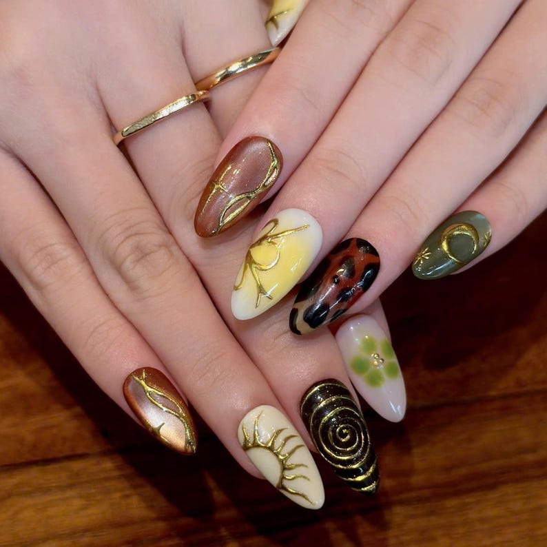 Earthy Press On Nails with Abstract Flowers | Mustard Yellow Olive Green Fake Nails | Handmade Botanical Nail Art for Fall | OB513UI