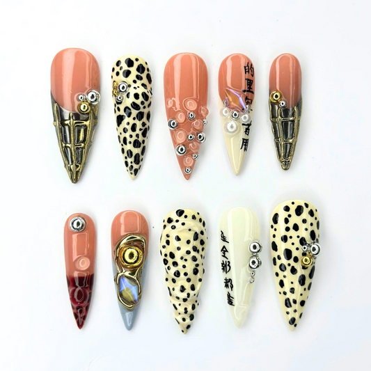 Edgy Animal Print Stiletto Press On Nails | Black Spotted Nail Art | Gold Metallic Armor Tips | 3D Silver Studs | Gothic Nails Set | OB705UI