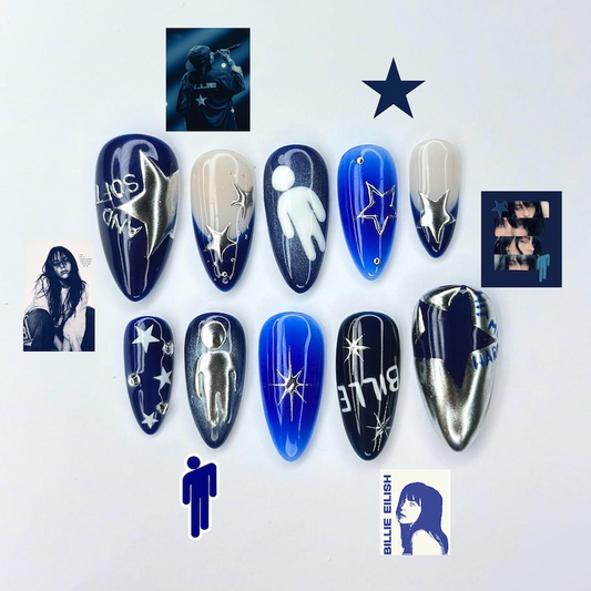 Electric Blue Press On Nails with Chrome Star, Dark Pop Concert Fake Nails in Almond Shape, Handmade Metallic Nail Art for Festival OB474UC
