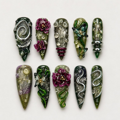 Enchanted Forest Press On Nails | Emerald Snake Butterfly Nail Set | Fantasy Botanical Chrome Nails | Handmade Statement Art | OB458JG