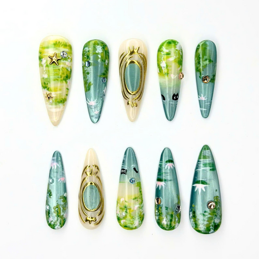 Enchanted Forest Fairycore Press On Nails | Green Blue Watercolor Lake Nail Art | 3D Gold Gemstone Charms | Long Stiletto Nails | OB701UA