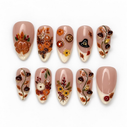 Fall Press On Nails, 3D Pumpkin Almond Nails, Autumn Floral French Tips, Acorn Nail Art, Handmade Harvest Nails | OB694XT