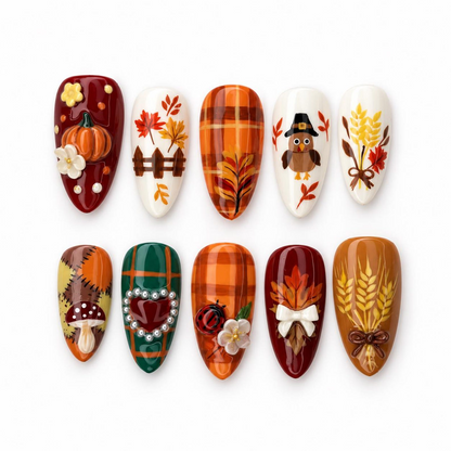 Fall Press On Nails, 3D Pumpkin Nails, Thanksgiving Almond Nail Art, Autumn Plaid Florals | OB702XT
