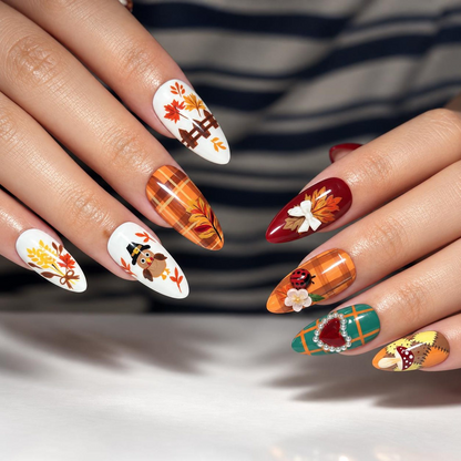 Fall Press On Nails, 3D Pumpkin Nails, Thanksgiving Almond Nail Art, Autumn Plaid Florals | OB702XT