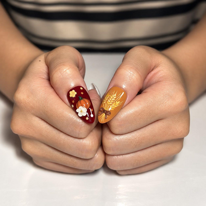 Fall Press On Nails, 3D Pumpkin Nails, Thanksgiving Almond Nail Art, Autumn Plaid Florals | OB702XT