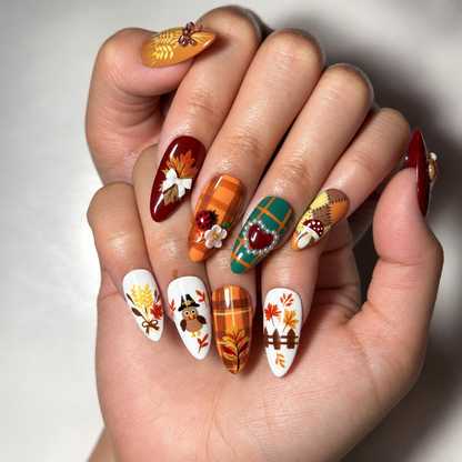 Fall Press On Nails, 3D Pumpkin Nails, Thanksgiving Almond Nail Art, Autumn Plaid Florals | OB702XT