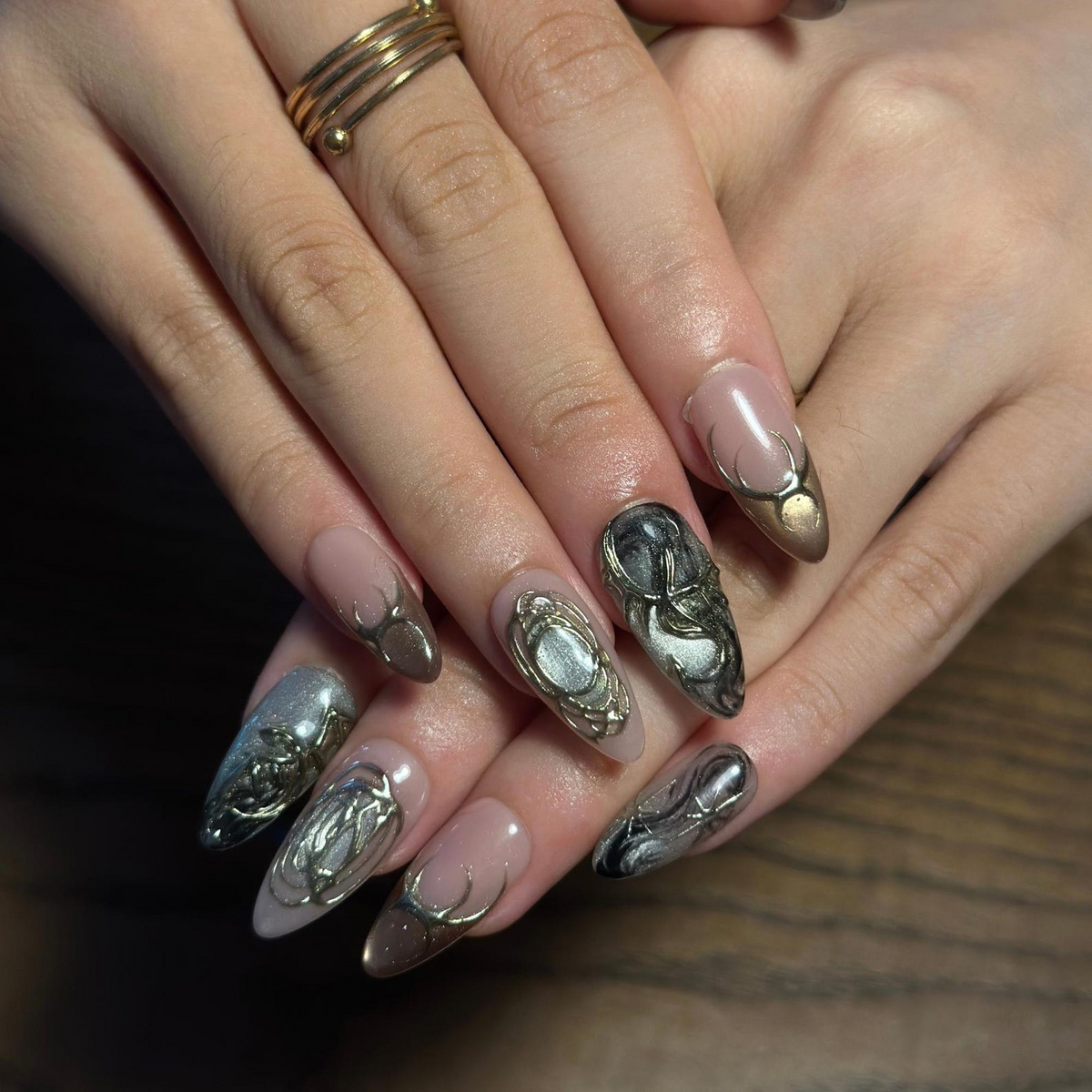 Fall Press On Nails, Brown Gold Nails, 3D Chrome Nails, Luxury Autumn Nail Set ,OB674WC