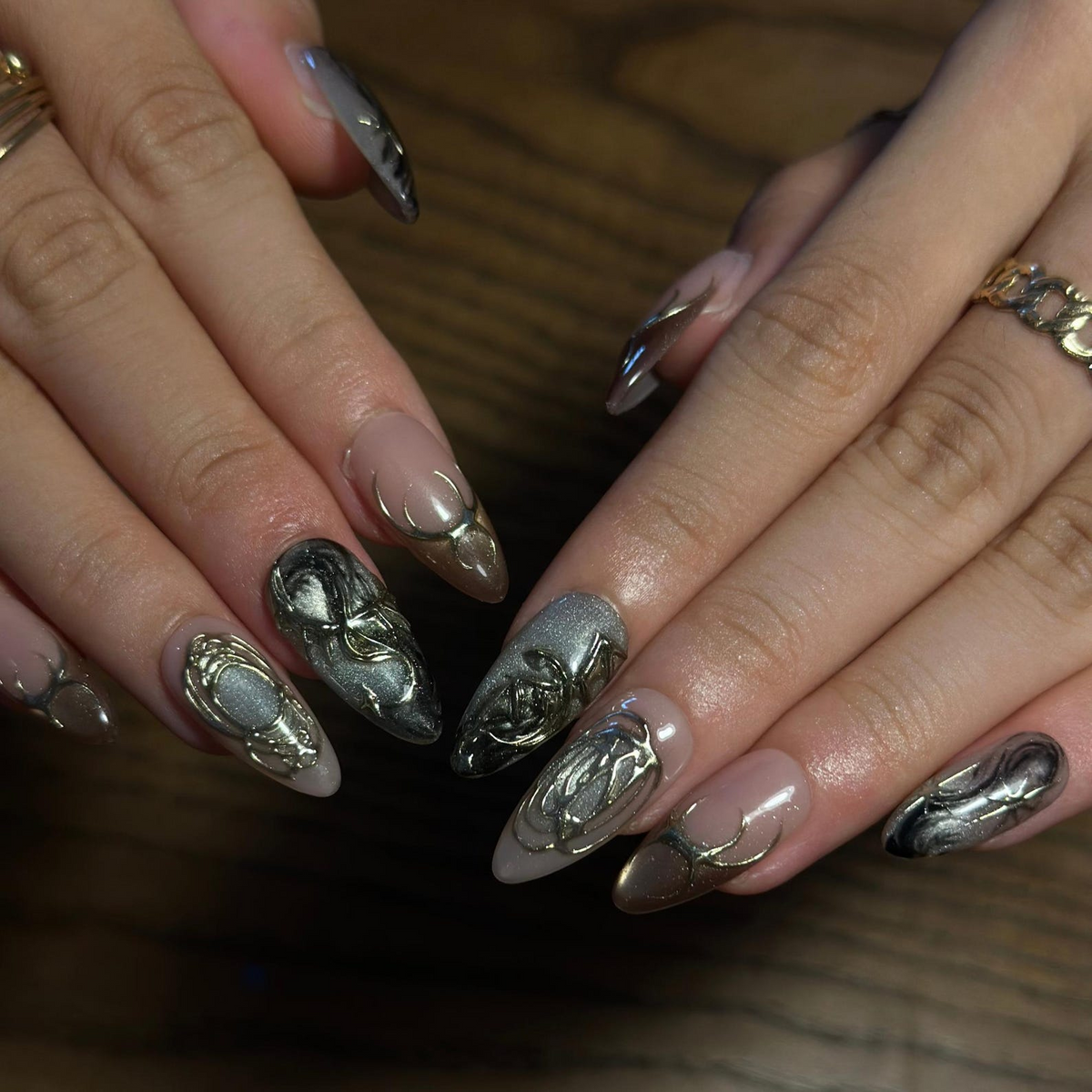Fall Press On Nails, Brown Gold Nails, 3D Chrome Nails, Luxury Autumn Nail Set ,OB674WC
