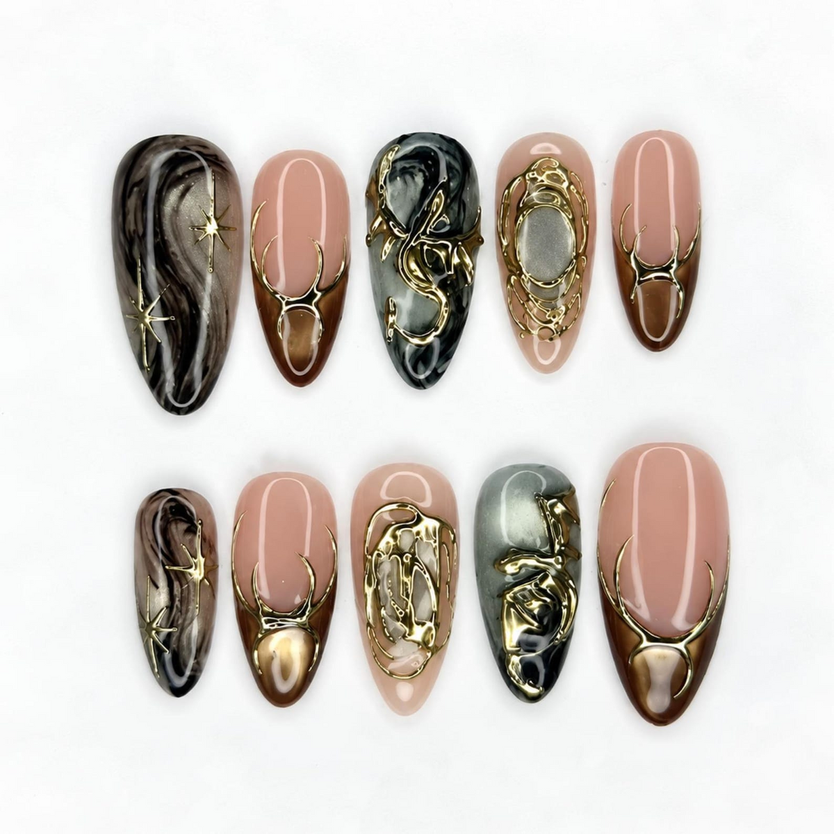 Fall Press On Nails, Brown Gold Nails, 3D Chrome Nails, Luxury Autumn Nail Set ,OB674WC