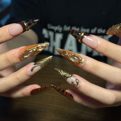 Fall Press On Nails, Brown Gold Nails, Luxury 3D Nail Art, Long Stiletto Nails, Handmade Autumn Nails ,OB672WI