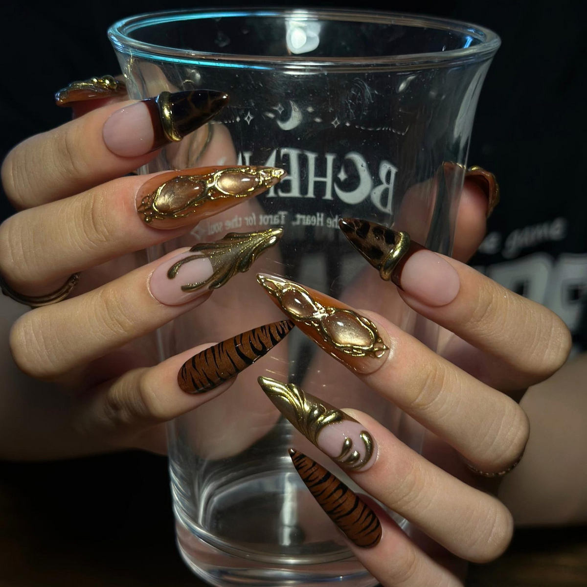 Fall Press On Nails, Brown Gold Nails, Luxury 3D Nail Art, Long Stiletto Nails, Handmade Autumn Nails ,OB672WI