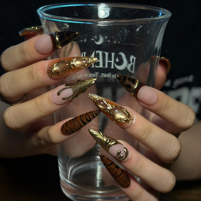 Fall Press On Nails, Brown Gold Nails, Luxury 3D Nail Art, Long Stiletto Nails, Handmade Autumn Nails ,OB672WI