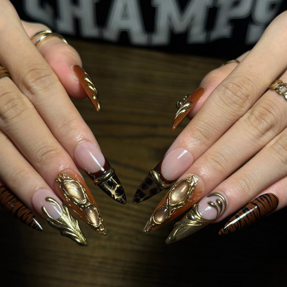 Fall Press On Nails, Brown Gold Nails, Luxury 3D Nail Art, Long Stiletto Nails, Handmade Autumn Nails ,OB672WI