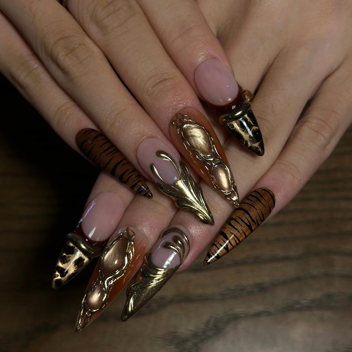 Fall Press On Nails, Brown Gold Nails, Luxury 3D Nail Art, Long Stiletto Nails, Handmade Autumn Nails ,OB672WI