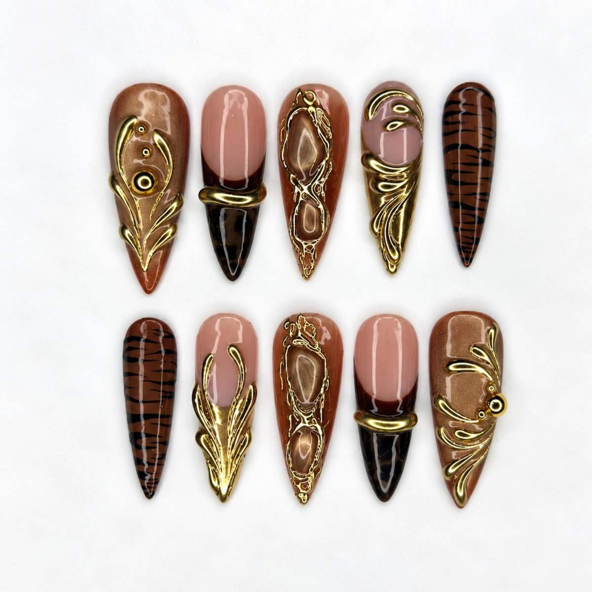 Fall Press On Nails, Brown Gold Nails, Luxury 3D Nail Art, Long Stiletto Nails, Handmade Autumn Nails ,OB672WI