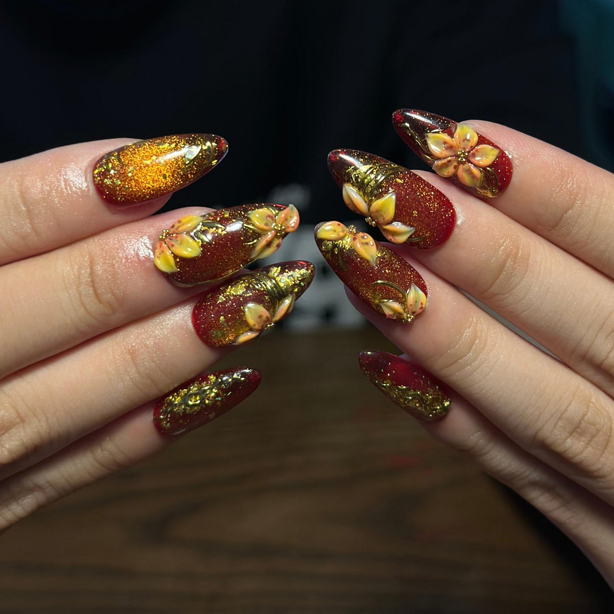 Fall Press On Nails, Burgundy Gold Nails, 3D Floral Nails, Luxury Autumn Nails, Handmade Fake Nails ,OB673WC