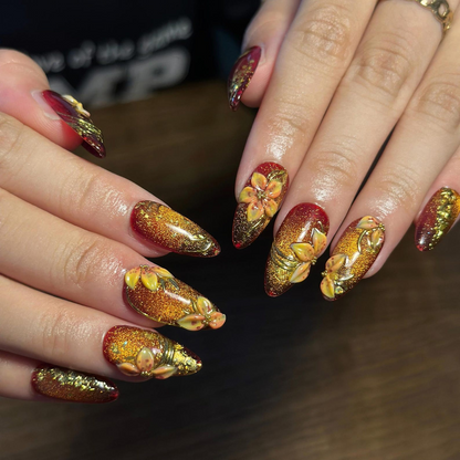 Fall Press On Nails, Burgundy Gold Nails, 3D Floral Nails, Luxury Autumn Nails, Handmade Fake Nails ,OB673WC
