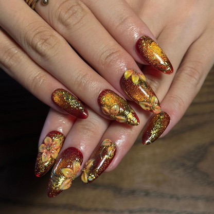 Fall Press On Nails, Burgundy Gold Nails, 3D Floral Nails, Luxury Autumn Nails, Handmade Fake Nails ,OB673WC