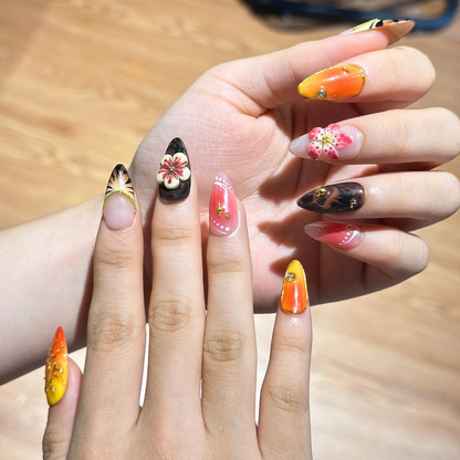 Fall Press On Nails with 3D Flower , Brown Orange Handmade Nails , Autumn Fake Nails for Everyday, Vacation , OB470WG