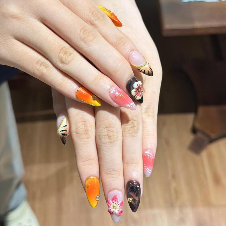 Fall Press On Nails with 3D Flower , Brown Orange Handmade Nails , Autumn Fake Nails for Everyday, Vacation , OB470WG