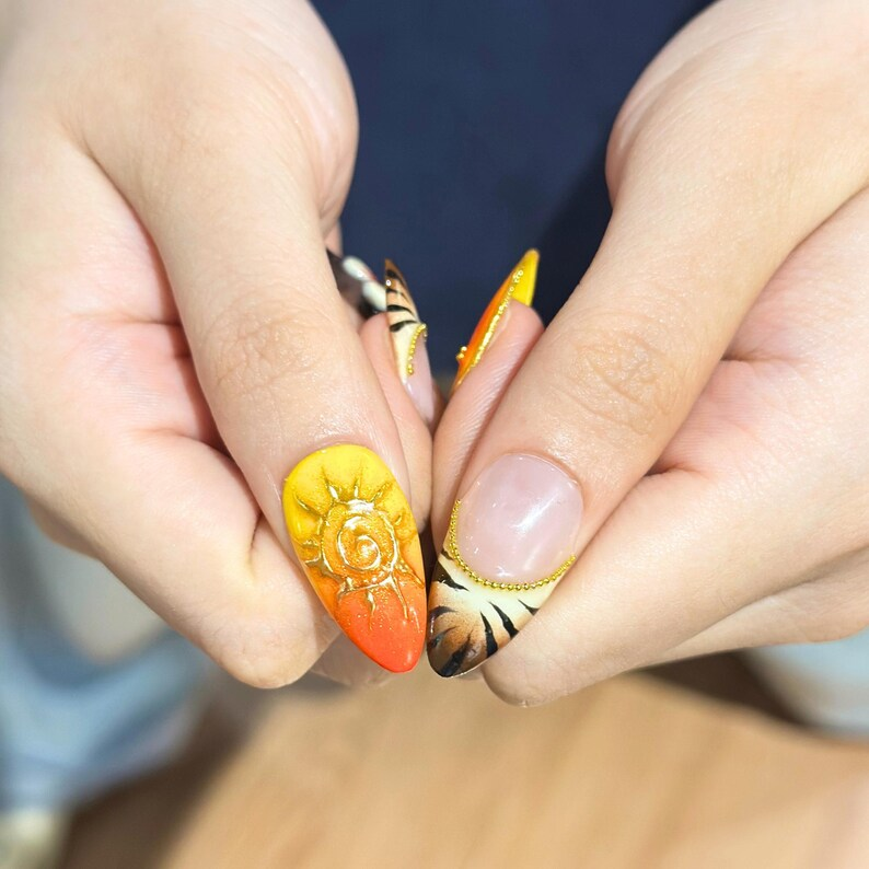 Fall Press On Nails with 3D Flower , Brown Orange Handmade Nails , Autumn Fake Nails for Everyday, Vacation , OB470WG