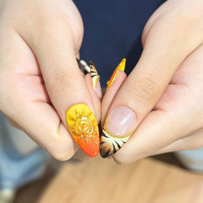 Fall Press On Nails with 3D Flower , Brown Orange Handmade Nails , Autumn Fake Nails for Everyday, Vacation , OB470WG