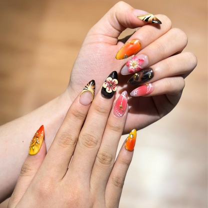 Fall Press On Nails with 3D Flower , Brown Orange Handmade Nails , Autumn Fake Nails for Everyday, Vacation , OB470WG