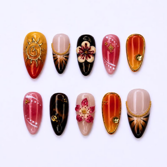 Fall Press On Nails with 3D Flower , Brown Orange Handmade Nails , Autumn Fake Nails for Everyday, Vacation , OB470WG