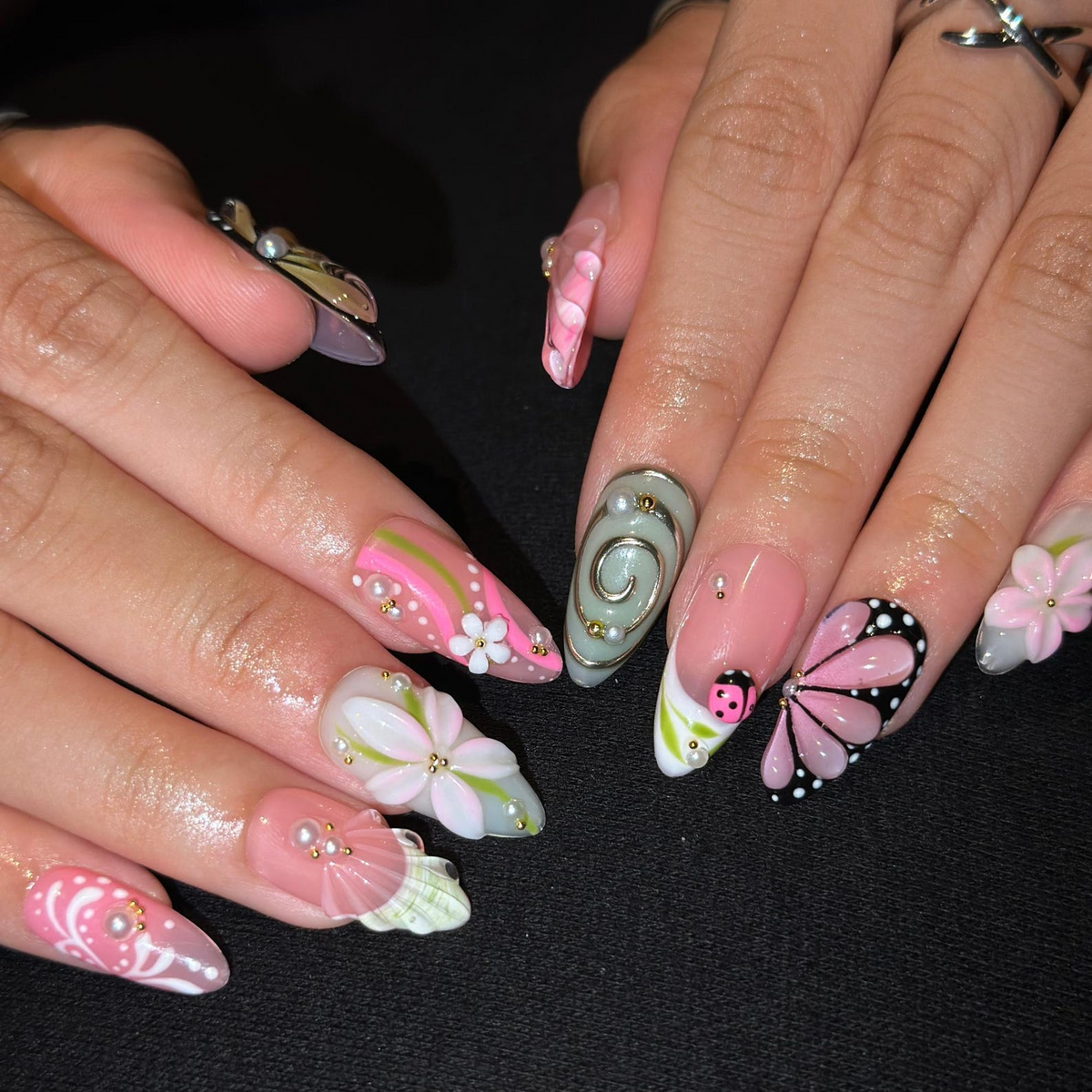 Fall Press On Nails with 3D Flowers , Pink Butterfly Nail Art . Handmade Botanical Nails for Autumn| OB559WC