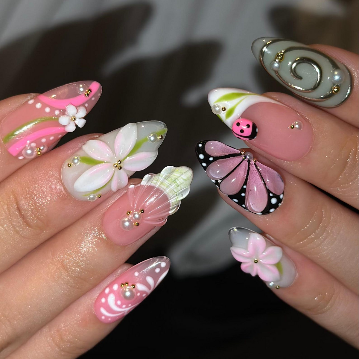 Fall Press On Nails with 3D Flowers , Pink Butterfly Nail Art . Handmade Botanical Nails for Autumn| OB559WC