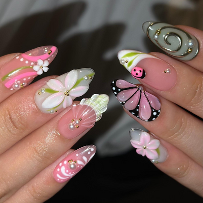 Fall Press On Nails with 3D Flowers , Pink Butterfly Nail Art . Handmade Botanical Nails for Autumn| OB559WC