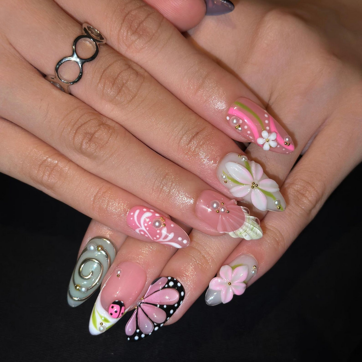 Fall Press On Nails with 3D Flowers , Pink Butterfly Nail Art . Handmade Botanical Nails for Autumn| OB559WC