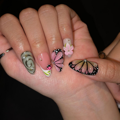 Fall Press On Nails with 3D Flowers , Pink Butterfly Nail Art . Handmade Botanical Nails for Autumn| OB559WC