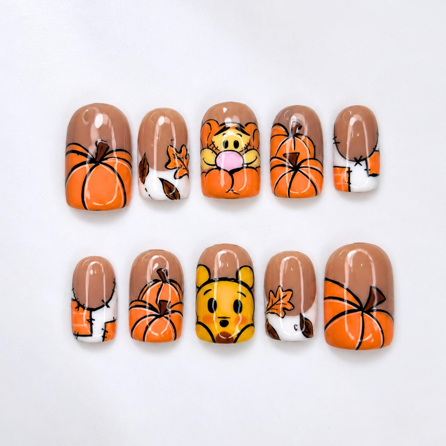 Fall Press On Nails with Cute Pumpkin Art , Autumn Character Nails , Thanksgiving Short Fake Nails | OB528WC