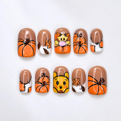Fall Press On Nails with Cute Pumpkin Art , Autumn Character Nails , Thanksgiving Short Fake Nails | OB528WC