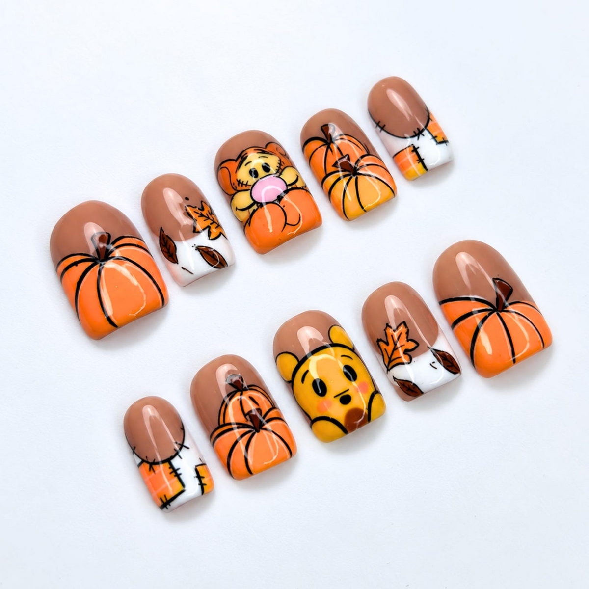 Fall Press On Nails with Cute Pumpkin Art , Autumn Character Nails , Thanksgiving Short Fake Nails | OB528WC