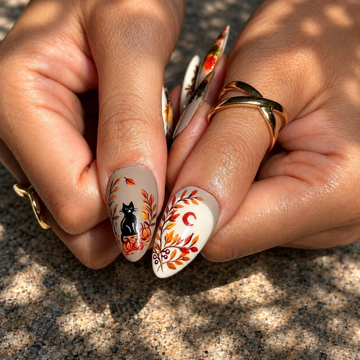 Fall Press On Nails with Hand Painted Autumn Scenery | Colorful Maple Leaves and Woodland Landscape | Cozy Long Almond Nail Art | OB720UT