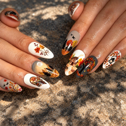 Fall Press On Nails with Hand Painted Autumn Scenery | Colorful Maple Leaves and Woodland Landscape | Cozy Long Almond Nail Art | OB720UT