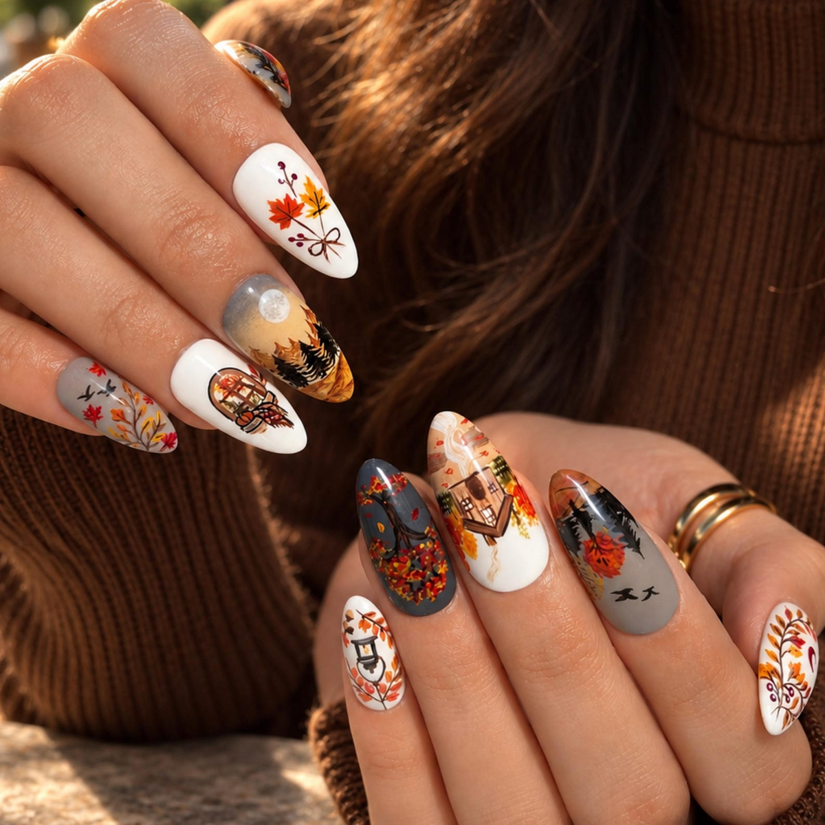Fall Press On Nails with Hand Painted Autumn Scenery | Colorful Maple Leaves and Woodland Landscape | Cozy Long Almond Nail Art | OB720UT
