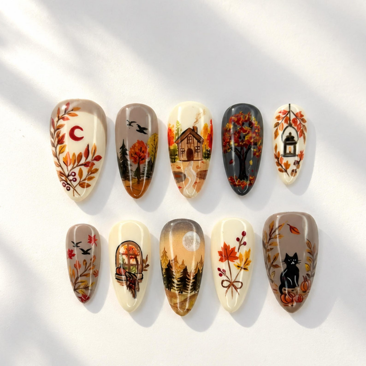 Fall Press On Nails with Hand Painted Autumn Scenery | Colorful Maple Leaves and Woodland Landscape | Cozy Long Almond Nail Art | OB720UT
