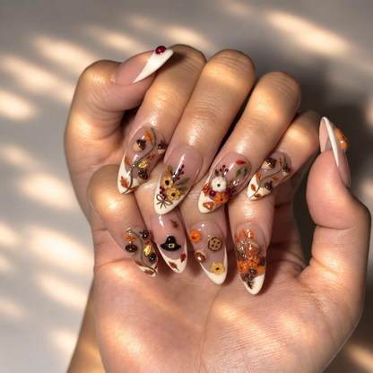Fall Press On Nails, 3D Pumpkin Almond Nails, Autumn Floral French Tips, Acorn Nail Art, Handmade Harvest Nails | OB694XT
