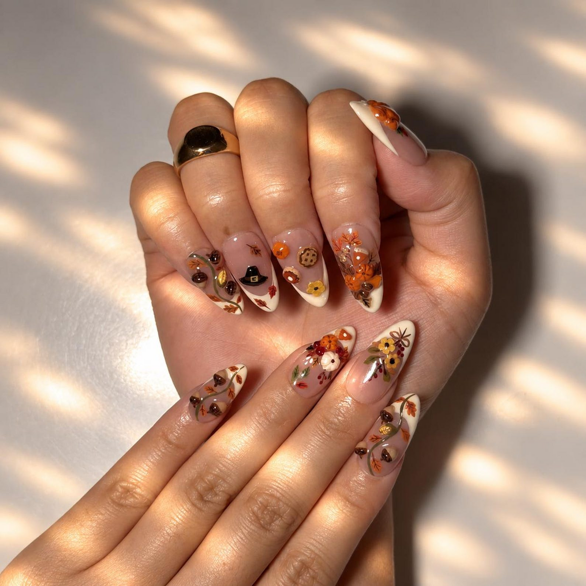 Fall Press On Nails, 3D Pumpkin Almond Nails, Autumn Floral French Tips, Acorn Nail Art, Handmade Harvest Nails | OB694XT