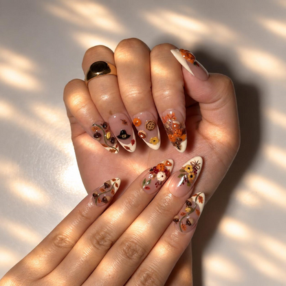 Fall Press On Nails, 3D Pumpkin Almond Nails, Autumn Floral French Tips, Acorn Nail Art, Handmade Harvest Nails | OB694XT